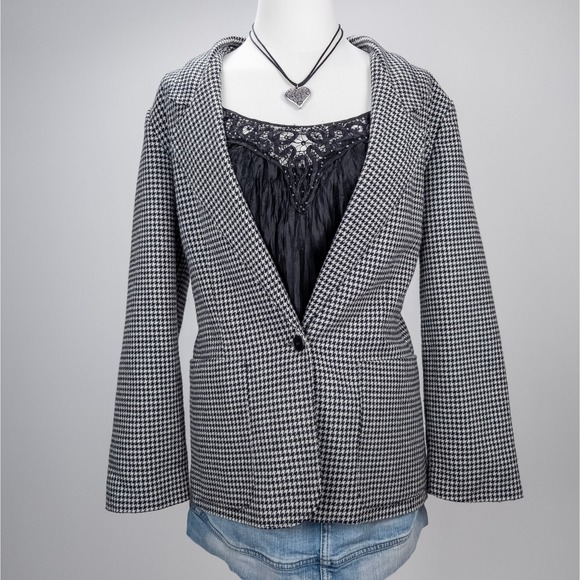 Vintage Houndstooth Blazer - Black White Checkered - Retro Power‎ Suit Jacket - Picture 2 of 8